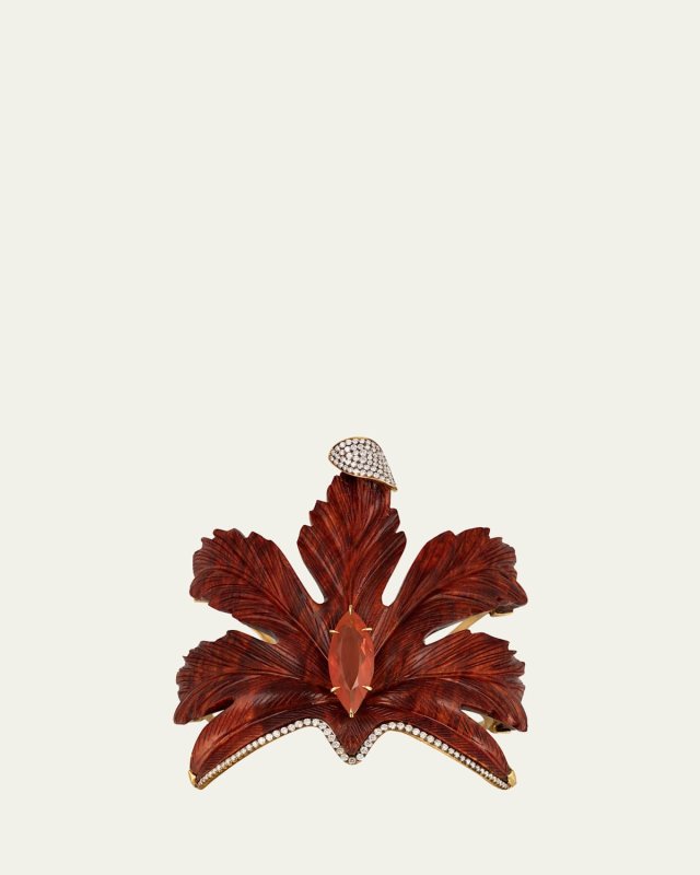 Maple Leaf Orange Wood Cuff Bracelet with Diamonds and Fire Opal